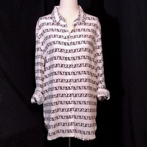 Jane & Delancey White LS Button Up Top, Boston Terrier in Sunglasses Print Sz M